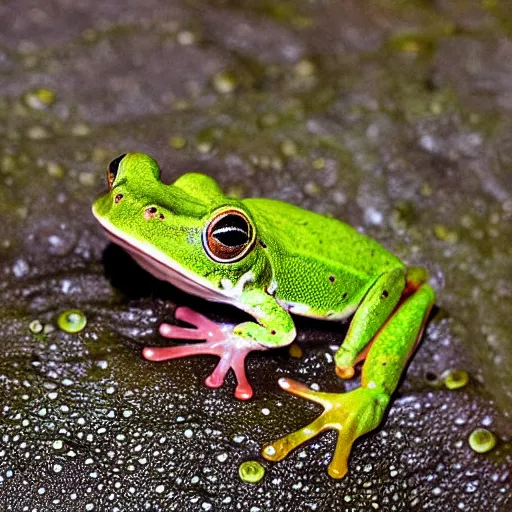 Image similar to a national geographic close-up photograph of a rat-frog on a leaf, in the rain.