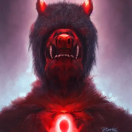 Prompt: realistic portrait of a grox from spore, red furry cyborg creature with one robotic eye, head of a bear, pointy ears, dramatic lighting, illustration by greg rutkowski, yoji shinkawa, 4 k, digital art, concept art, trending on artstation