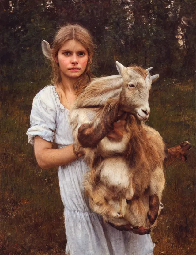 Prompt: portrait of peasant girl holding goat in her hands, cottage core, cinematic focus, polaroid photo bleached vintage pastel colors high - key lighting, soft lights, foggy, by steve hanks, by lisa yuskavage, by serov valentin, by tarkovsky, 8 k render, detailed, oil on canvas