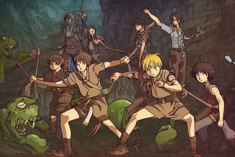 Image similar to cell shaded key visual of a group of adventurers being defeated by monsters in a dungeon, in the style of studio ghibli, moebius, makoto shinkai,