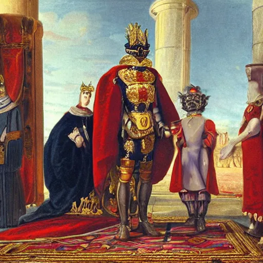 Image similar to The Duke of Mars receives the Marquis of Io in his palace, photorealistic, sci-fi