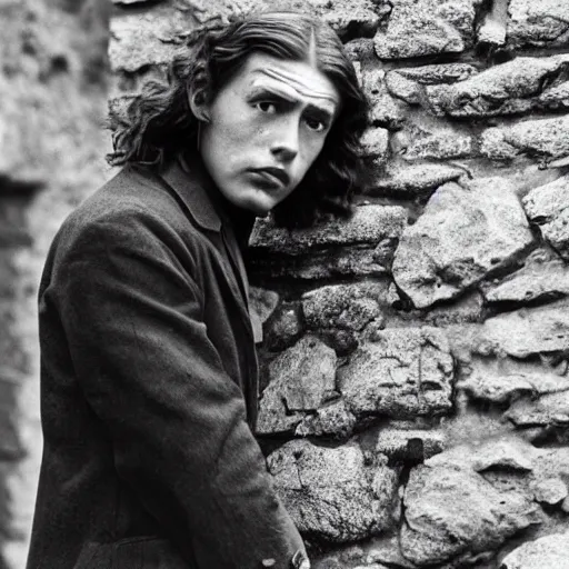 Image similar to Still of a movie set in the 1930s where a terrified young man with long hair is crouched up against a stone wall. He is looking utterly panicked and distressed