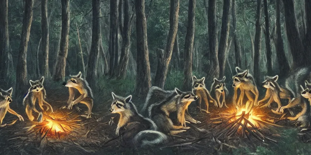 Image similar to A small group of racoons is sitting in the forest next to a campfire. There is a wolf sneaking from the side. Cinematic, very beautiful, painting in the style of Lord of the rings