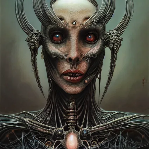 Image similar to a portrait of a beautiful biomechanical queen of vampires, horror concept art by giger and beksinski and szukalski and wlop and pete mohrbacher, digital art, highly detailed, intricate, sci-fi, sharp focus, Trending on Artstation HQ, deviantart, unreal engine 5, 4K UHD image