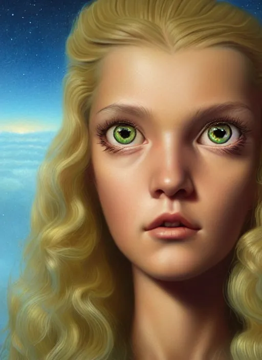 Prompt: highly detailed closeup portrait young plejaden woman with wavy blonde hair in a retro spaceship with large windows, stephen bliss, unreal engine, greg rutkowski, ilya kuvshinov, ross draws, hyung tae and frank frazetta, tom bagshaw, tom whalen, nicoletta ceccoli, mark ryden, earl norem, global illumination, god rays, detailed and intricate environment