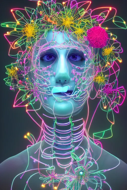 Prompt: a close up of a robot with flowers in it, neon shaped petals, neon wire, character portrait by maria johanna gortz and frieke janssens, cgsociety, houdini generative art, made of flowers, reimagined by industrial light and magic, sci - fi