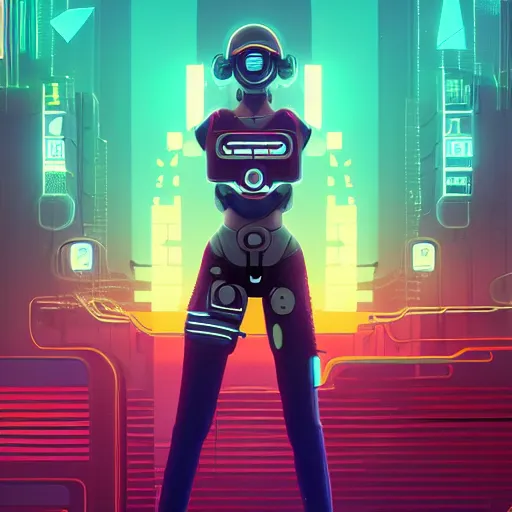 Image similar to butch cyborg woman repairs herself, cyberpunk art by james gilleard, cgsociety, retrofuturism, synthwave, retrowave, outrun