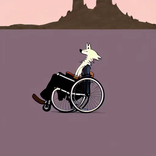 Image similar to a study of cell shaded cartoon of a wolf in a wheelchair from howl's moving castle ( 2 0 0 4 ) on a desert road, full body, wide shot, very muted colors, post grunge, studio ghibli, laurie greasley, highly detailed, deviantart, art by artgem