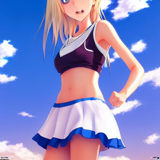 Image similar to a very beautiful young anime tennis girl, full body, head, long wavy blond hair, sky blue eyes, full round face, short smile, bikini, miniskirt, front view, mid - shot, highly detailed, cinematic wallpaper by stanley artgerm lau