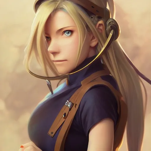 Image similar to Winry Rockbell from Fullmetal Alchemist, fantasy, intricate, elegant, highly detailed, digital painting, artstation, concept art, matte, sharp focus, illustration, art by Artgerm and Greg Rutkowski and Alphonse Mucha