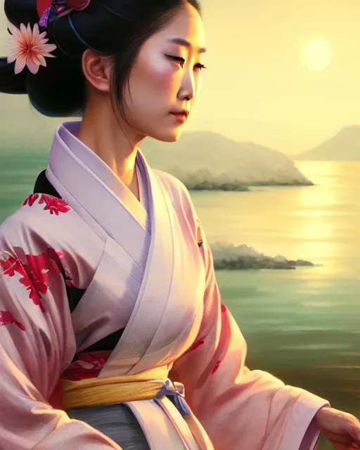 Image similar to a beautiful okinawa girl wear elegant yukata in festival | | summer night, realistic shaded, pleasant face, good looking, fine details, 4 k realistic, cryengine, realistic shaded lighting poster by greg rutkowski, magali villeneuve, artgerm, jeremy lipkin and michael garmash and rob rey