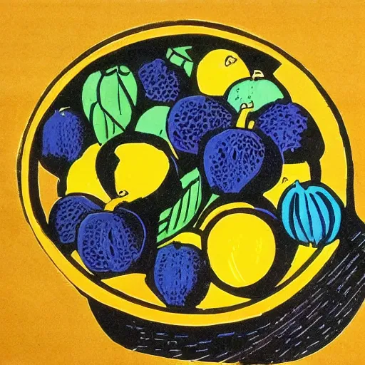 Prompt: bowl of fruit, linocut, very beautiful masterpiece