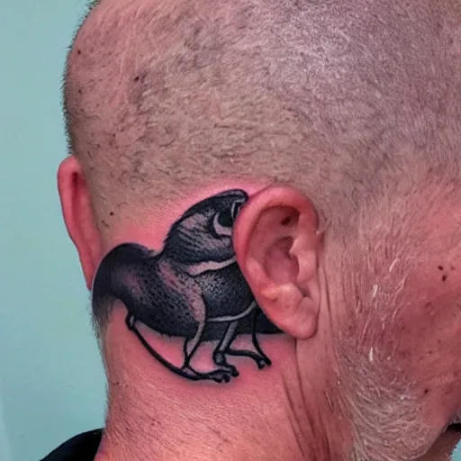 Image similar to an 8 k hdr ultra realistic photo of a contemporary award winning rat tattoo on an old man ’ s bald head