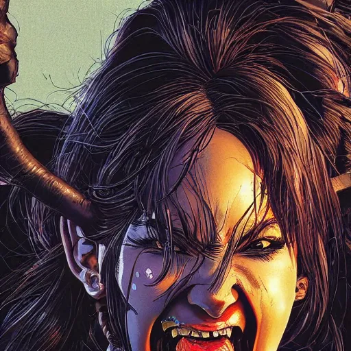 Image similar to portrait closeup of crazy screaming lara croft, symmetrical, cinematic colors, by yoichi hatakenaka, masamune shirow, josan gonzales and dan mumford, ayami kojima, takato yamamoto, barclay shaw, karol bak, yukito kishiro