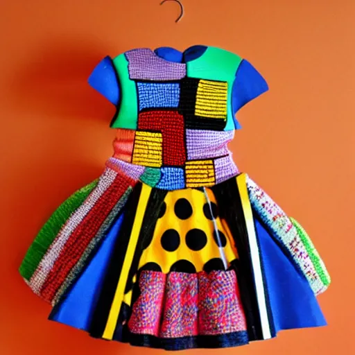 Image similar to a dress made entirely of children toys,