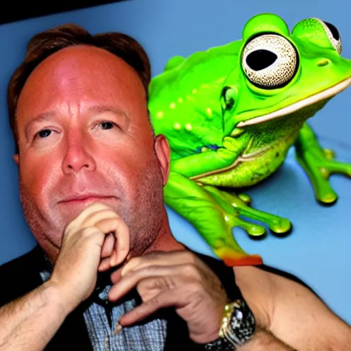 Image similar to Alex Jones with frog legs and a frog body his face is on a frog