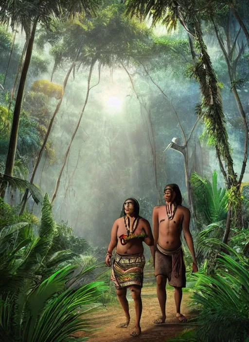 Prompt: two highly realistic indigenous people walking together in the jungle, fantasy art, matte painting