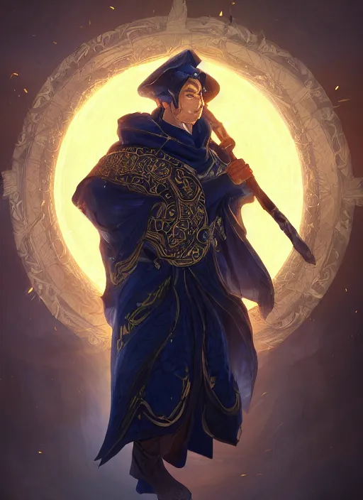 Image similar to a highly detailed illustration of fierce short black haired older asian male wizard wearing ornate navy robe and mage hat, dramatic wielding glowing orb pose, intricate, elegant, highly detailed, centered, digital painting, artstation, concept art, smooth, sharp focus, league of legends concept art, WLOP