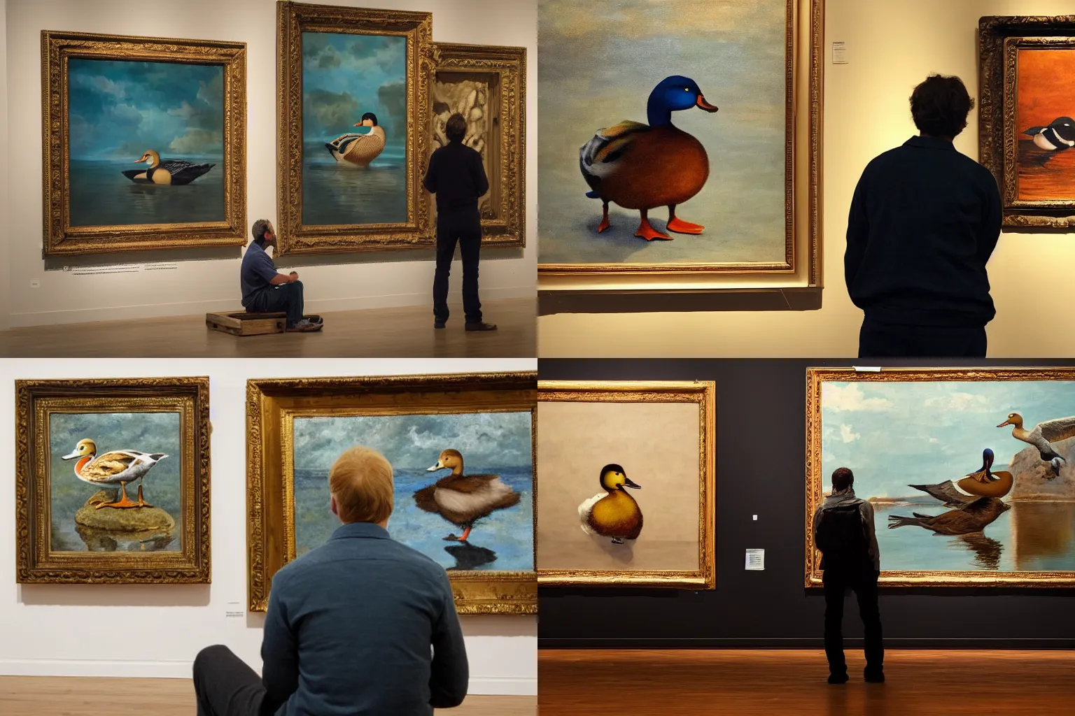 Prompt: a man sitting in an art gallery admiring a painting of a duck