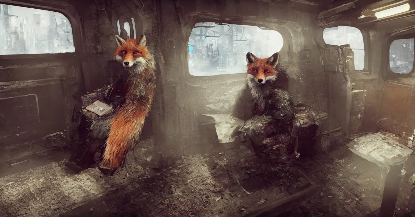 Image similar to A homeless, neglected fox in an old coat sits sleepy on a dirty seat in a old russian subway car,cyberpunk 2077, amazing digital art