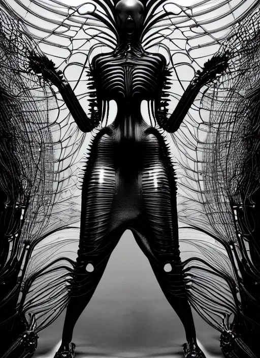 Image similar to iris van herpen gothic inflateble dark dress, perfect symmetrical body, helmet on face, full body shot, alien, plant predator, guyver, giger, wires, tubes, veins, jellyfish, white biomechanical details, wearing epic bionic cyborg implants, masterpiece, intricate, biopunk, vogue, highly detailed, artstation, concept art