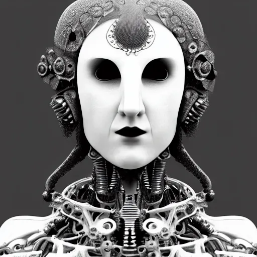 Image similar to black and white photographic foggy portrait, biomechanical beautiful young female priestess - robot bust, body ribs meshes,, volumetric light, rim light, by dora maar and cecile beaton, big gothic fashion pearl embroidered collar, 8 k