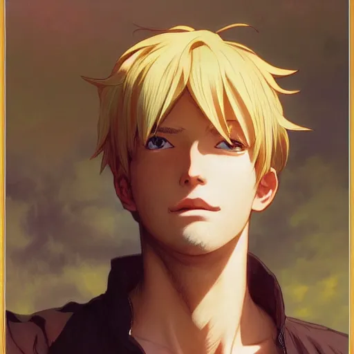 Prompt: highly detailed vfx portrait of a blond mid - section pretty boy by eiichiro oda, makoto shinkai, alphonse mucha, sharp focus, art by artgerm and greg rutkowski!, backlit, harsh overhead sunlight, detailed,