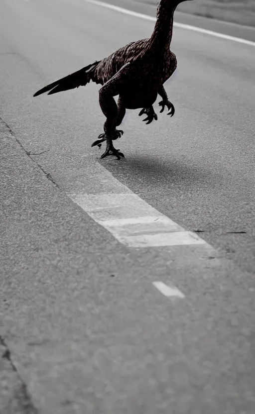 Image similar to a utahraptor running cross the road, realistic, 3 5 mm, 4 k