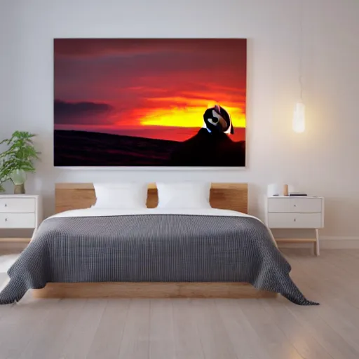 Image similar to puffin sleeping in an oversized bed, sunset