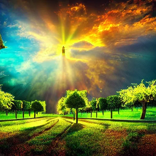 Image similar to Amazing View of fantasy Beautiful Sky Scenery with ornate gold and silver iridescent castles of light Highly detailed Vines Trees Gardens flowers in bloom clouds sunset holographic metallic angelic prismatic reflections Depth of field HDR