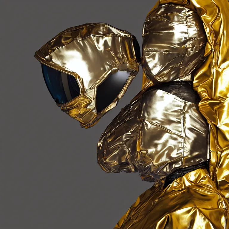 Image similar to octane render portrait by wayne barlow and carlo crivelli and glenn fabry, subject is a woman covered in folded aluminum foil space suit with a colorful metallic space helmet, floating inside a futuristic black and gold space station, cinema 4 d, ray traced lighting, very short depth of field, bokeh