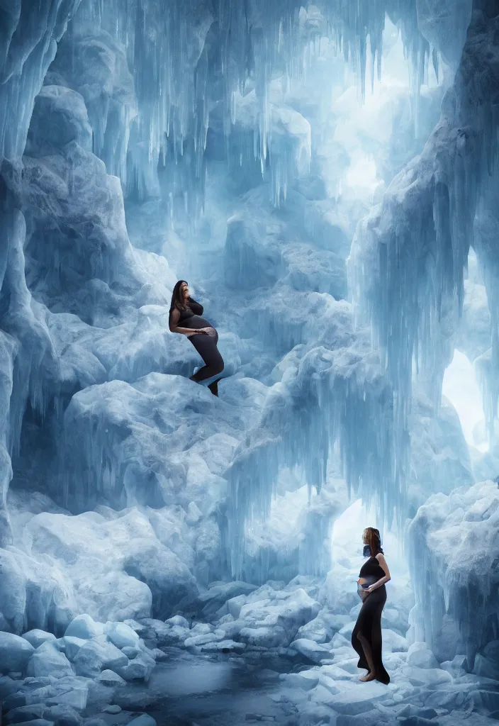 Prompt: pregnant woman making an epic speech, multiple people hearing the pregnant woman, ice cave, facinating, fantasy digital art, octane render, beautiful composition, trending on artstation, award - winning photograph, masterpiece