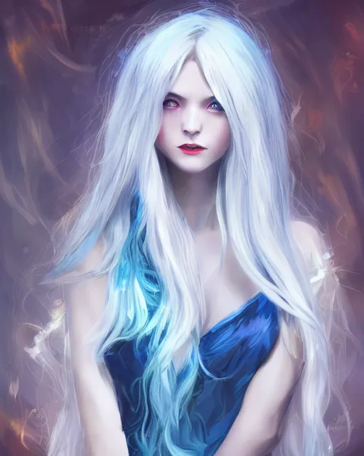 Image similar to A beautiful mysterious girl with cobalt-blue eyes and silky white hair, guitar shape build, her wardrobe is attractive, full body, fantasy art, in the style of Stanley Lau, illustration, epic art, fantasy, intricate, elgant, amazing detail, digital painting, artstation, concept art, smooth, sharp focus