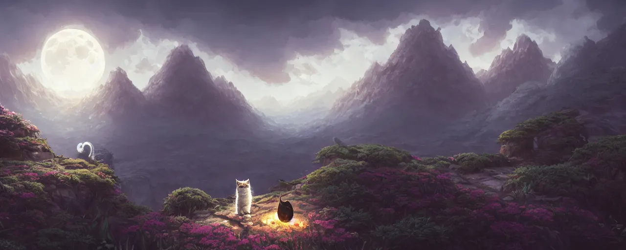 Image similar to cat on the moon, ghibli landscape illustration close floral clearing and mountains in the background, deep focus, d & d, fantasy, intricate, elegant, highly detailed, digital painting, artstation, concept art, matte, sharp focus, illustration, hearthstone, art by fire watch game and greg rutkowski, no characters