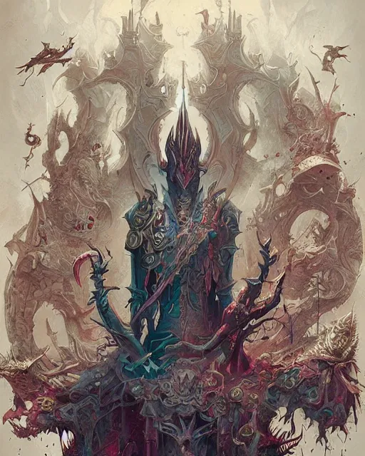 Prompt: Evil, chaos, hypermaximalist, ornate, horror, Peter Mohrbacher, Marc Simonetti, Mike Mignola, detailed, intricate ink illustration, symmetry, bloodborne, colorful