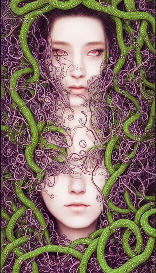 Image similar to very detailed portrait of a 2 0 years old girl surrounded by tentacles, the youg woman visage is blooming from fractal and vines, by yoshitaka amano,