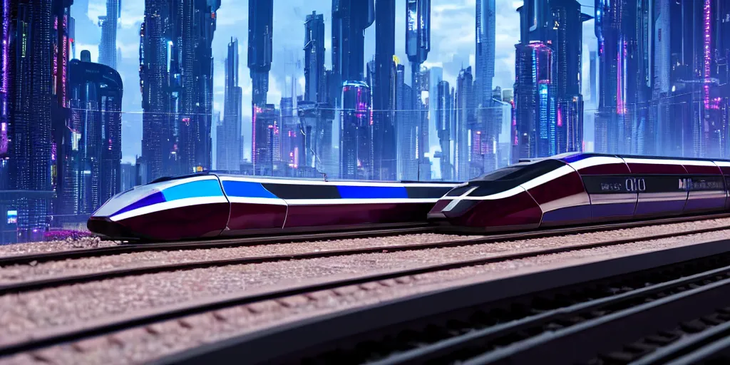 Prompt: a cyberpunk maglev train riding though futuristic station, futuristic cityscape in background, gorgeous lighting and metallic reflection, maroon and blue accents, 8k, large scale, high detail, side profile