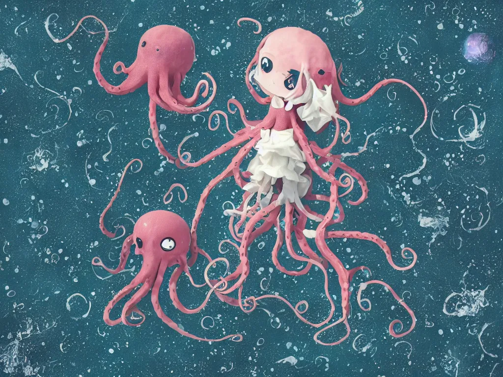 Image similar to cute fumo plush gothic octopus maiden alien girl swimming in the waves of the dark galactic abyss, tattered ragged gothic dress, ocean waves and reflective splashing water, vignette, vray