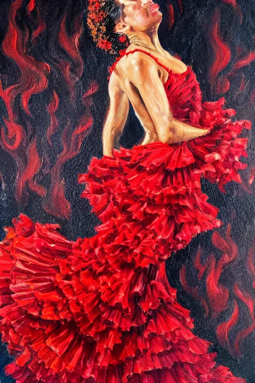 Image similar to detailed oil painting of spanish flamenco dancer wearing a red dress made of flowers, dress engulfed in flames, standing waist deep in water, midnight, moon, dimly lit, looking away, dark shadows, ethereal, foggy, moody, photo realistic, high definition, 4 k, slr