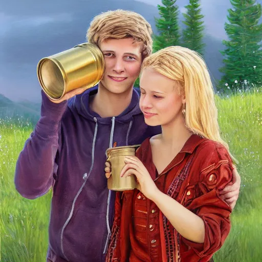 Prompt: a highly detailed painting of a young couple holding a tin can, hjalteyri, summer, blonde hair, trending on artstation,