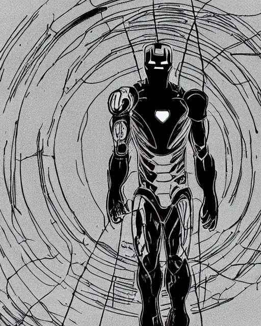 Image similar to black and white sad iron man with wires eat banana on hands on the destroed moon, wires earth background, by tsutomu nihei