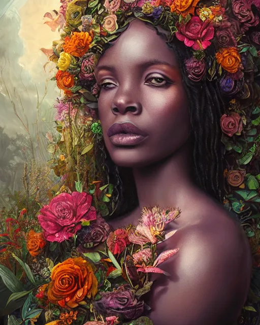 Prompt: portrait of the african queen of the underworld, surrounded by flowers by karol bak, james jean, tom bagshaw, rococo, sharp focus, trending on artstation, cinematic lighting, hyper realism, octane render, 8 k, hyper detailed.