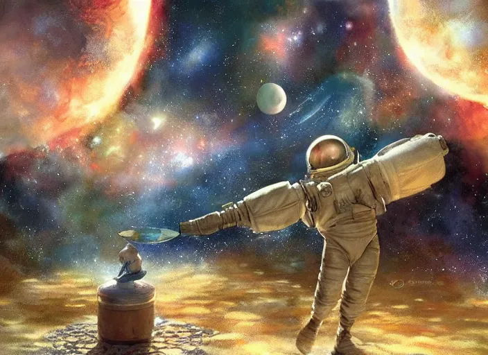 Prompt: craig mullins and ghibli digital illustration of an astronaut floating in the middle of the cosmos playing the oud playing the oud oud oud!!! improvisation, full body!!!, strong contrast, earth, galaxies, ethereal, inviting, bright, unreal engine, hyper realism, realistic shading, cinematic composition, wide shot