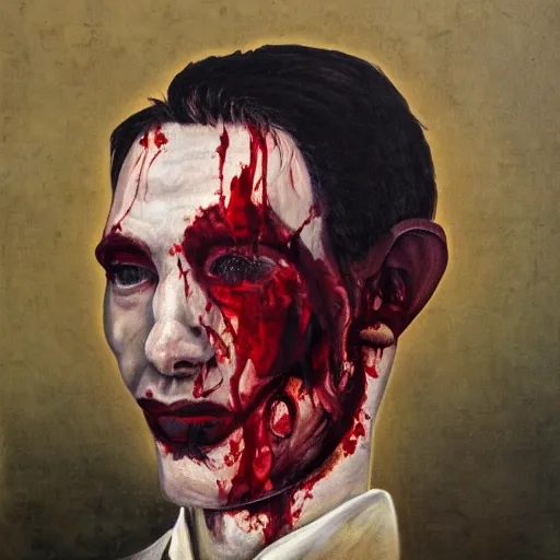 Image similar to a beautiful complex painting of the head view of a man with a bloody mouth looking at the camera