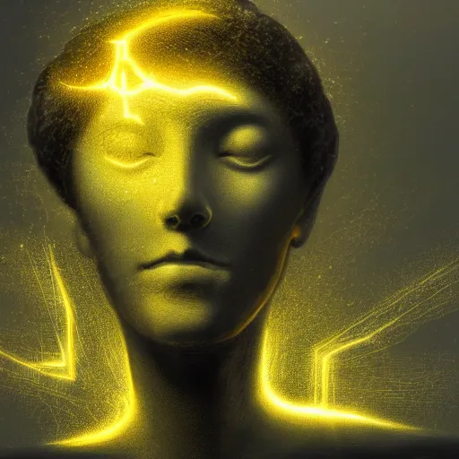 Prompt: ethereal god of artificial intelligence in the shape of yellow nebulous thunder creating the first artificial neural network with synapses on an anvil, high resolution, award winning art, trending on art station, sharp image, incredibly detailed,