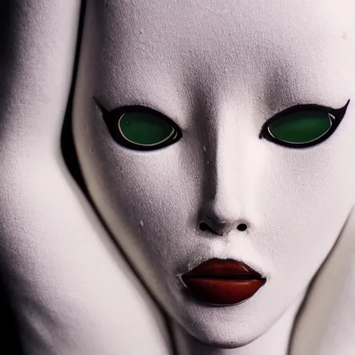 Prompt: A lightly-tanned!!!!! mannequin-esque figure with white-glowing!!!!! eyes, in a dark!!!!! room, staring!!!!! into the camera, creepy atmosphere, eerie art style, photorealistic!!!!! facial features, close-up!!!!!, macro image!!!!!, trending on artstation, 4k, 8k