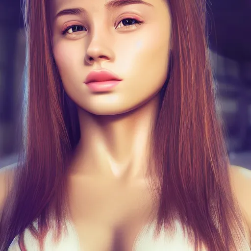 Image similar to wide - shot of a beautiful girl with human face and android body, cute - fine - face, pretty face, realistic shaded perfect face, fine details, 8 k, shallow depth of field, moody lighting, cinematic lighting,