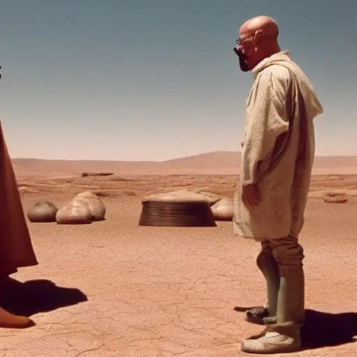 Image similar to Walter White visiting Tatooine, movie screenshot from Star Wars