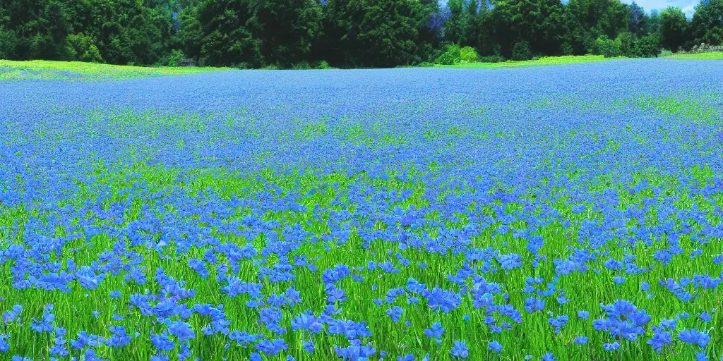 Image similar to field of light blue flowers on a summers day, matte painting