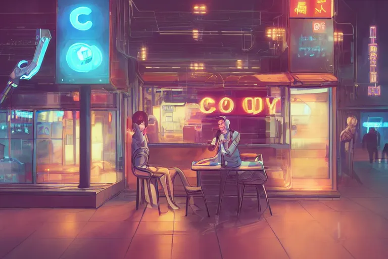 Image similar to An android with multiple arms having a cup of coffee outside a coffee shop in Japan, neon lights, digital painting, trending on artstation, deviantart, 8k, epic composition, intrinsic details, AAA graphics